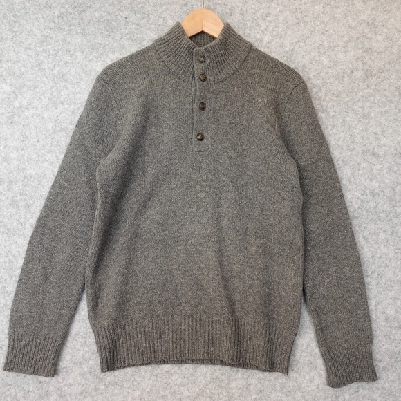 Vintage POLO RALPH LAUREN Merino Wool Sweater S Gray Button Neck Fisherman Suede